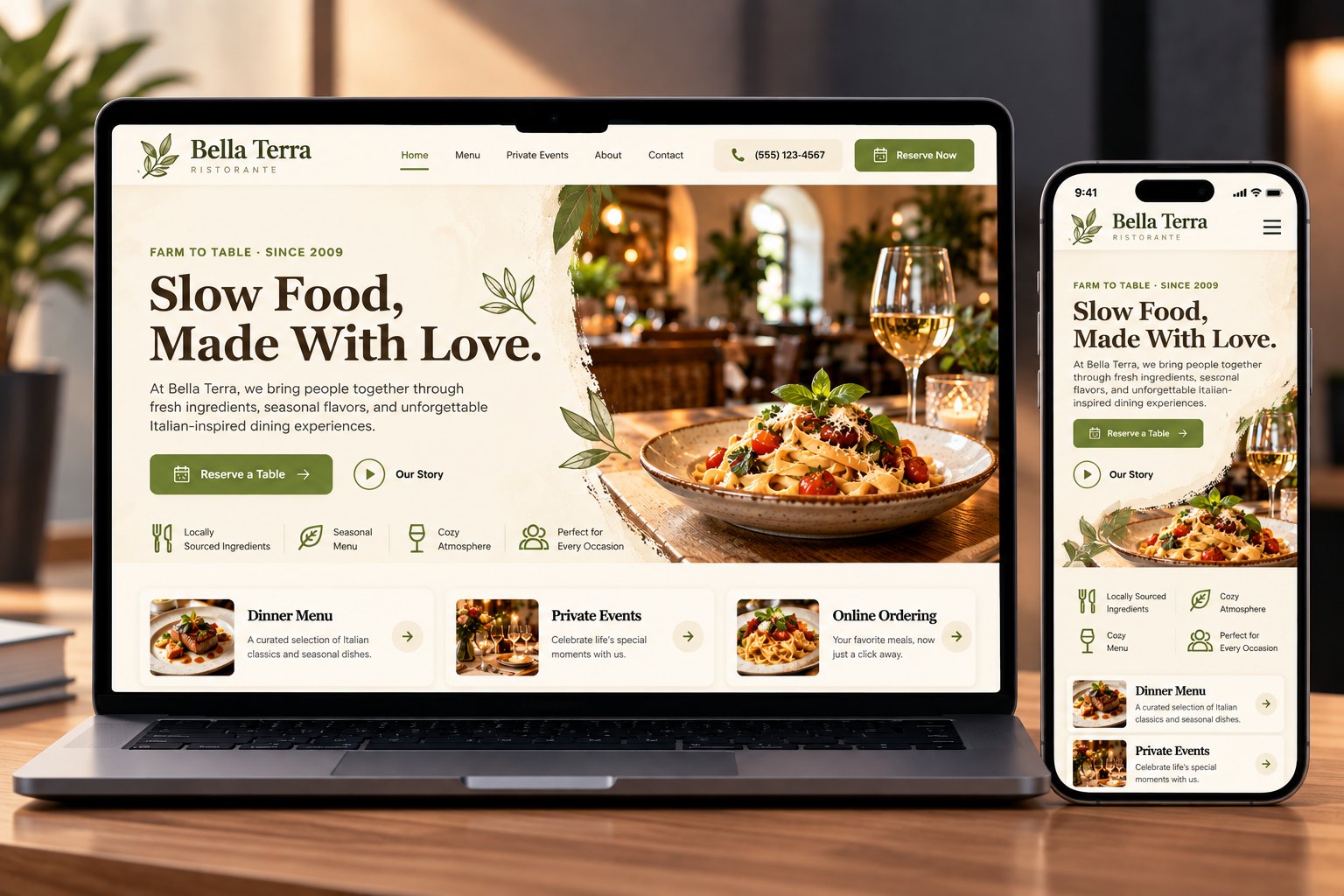 Bella Terra Bistro website on laptop and phone