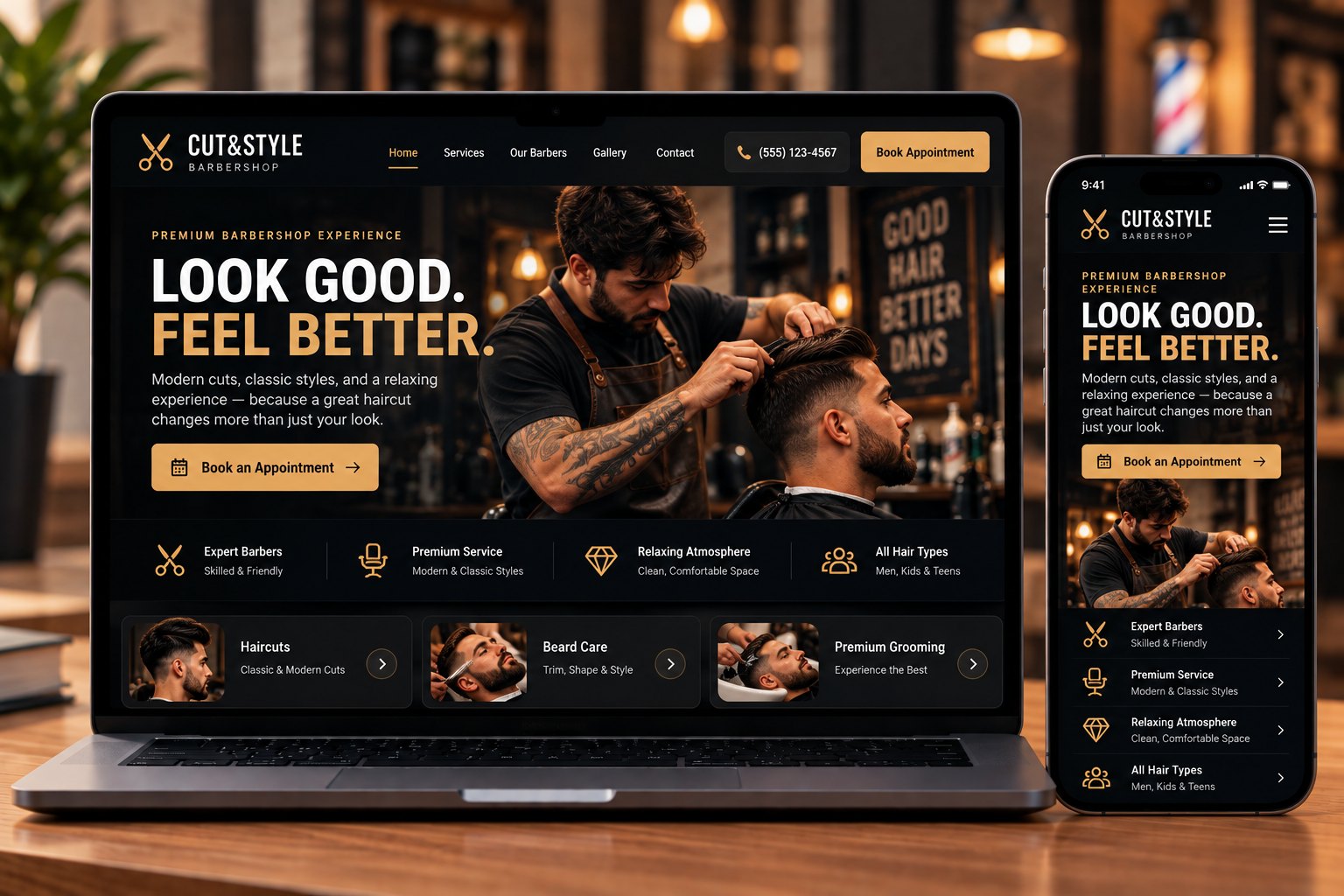 Cut & Style Barbershop website on laptop and phone