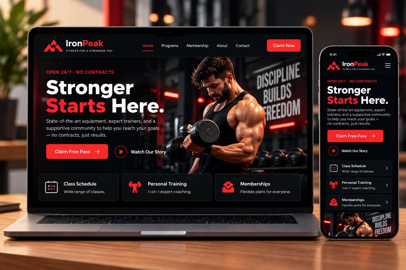 IronPeak Fitness website on laptop and phone