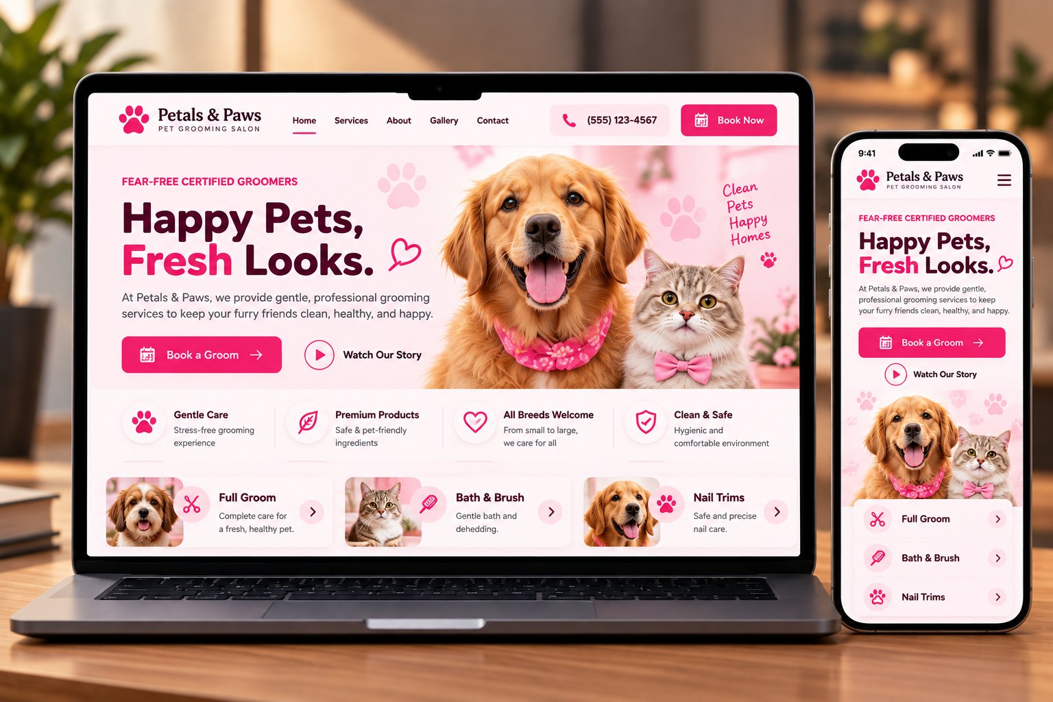 Petals & Paws Grooming website on laptop and phone