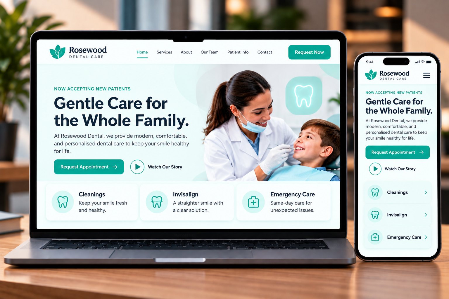 Rosewood Family Dental website on laptop and phone